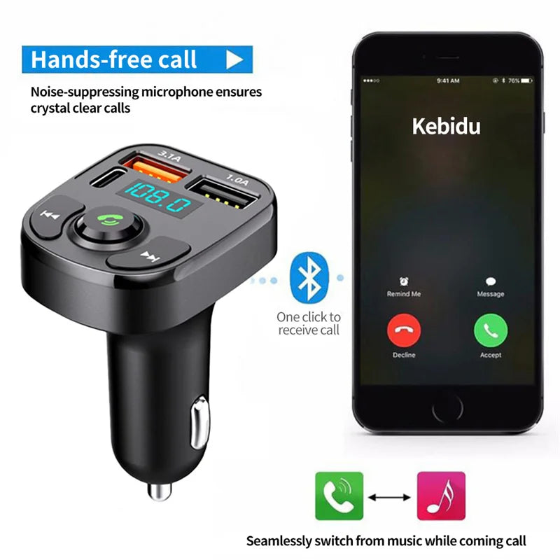 Bluetooth 5.0 FM Transmitter Car Radio Kit with Type C and Dual USB