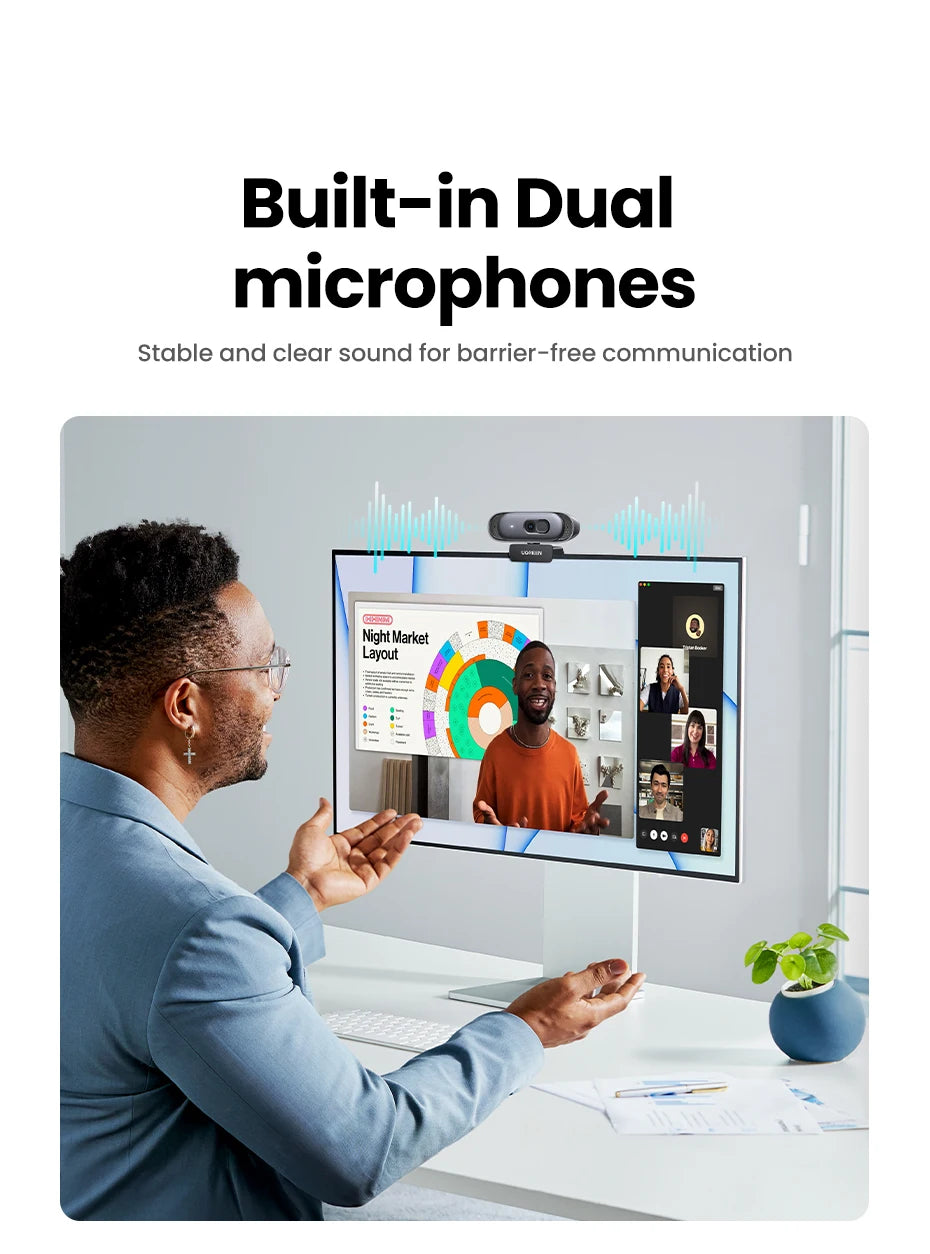 2K Ultra HD USB Webcam with Dual Microphones for Video Calls