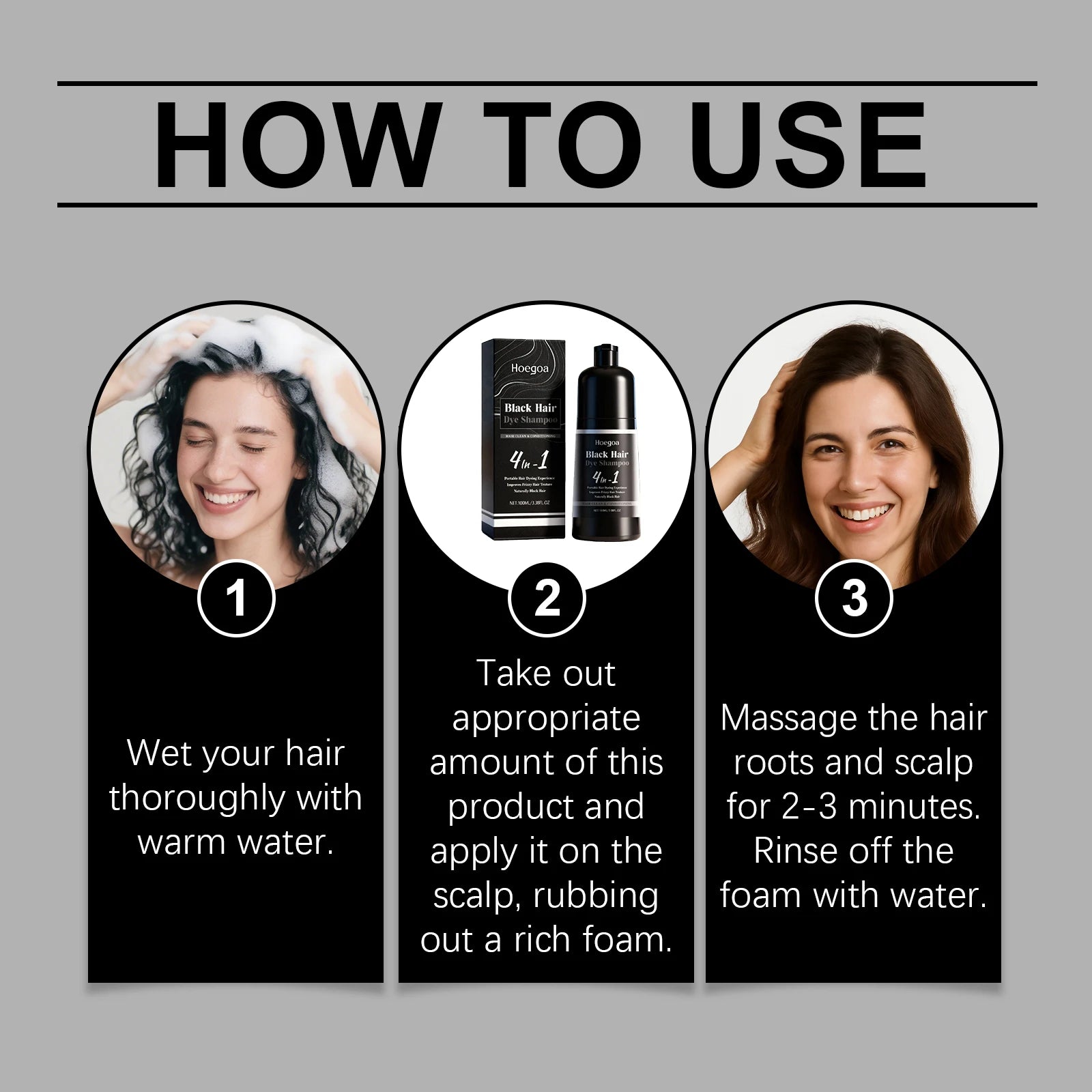 4-in-1 Instant Black Hair Dye Shampoo for Gray Coverage - 12