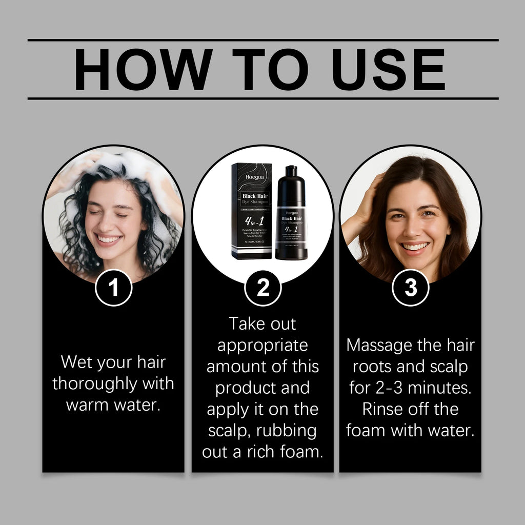 4-in-1 Instant Black Hair Dye Shampoo for Gray Coverage
