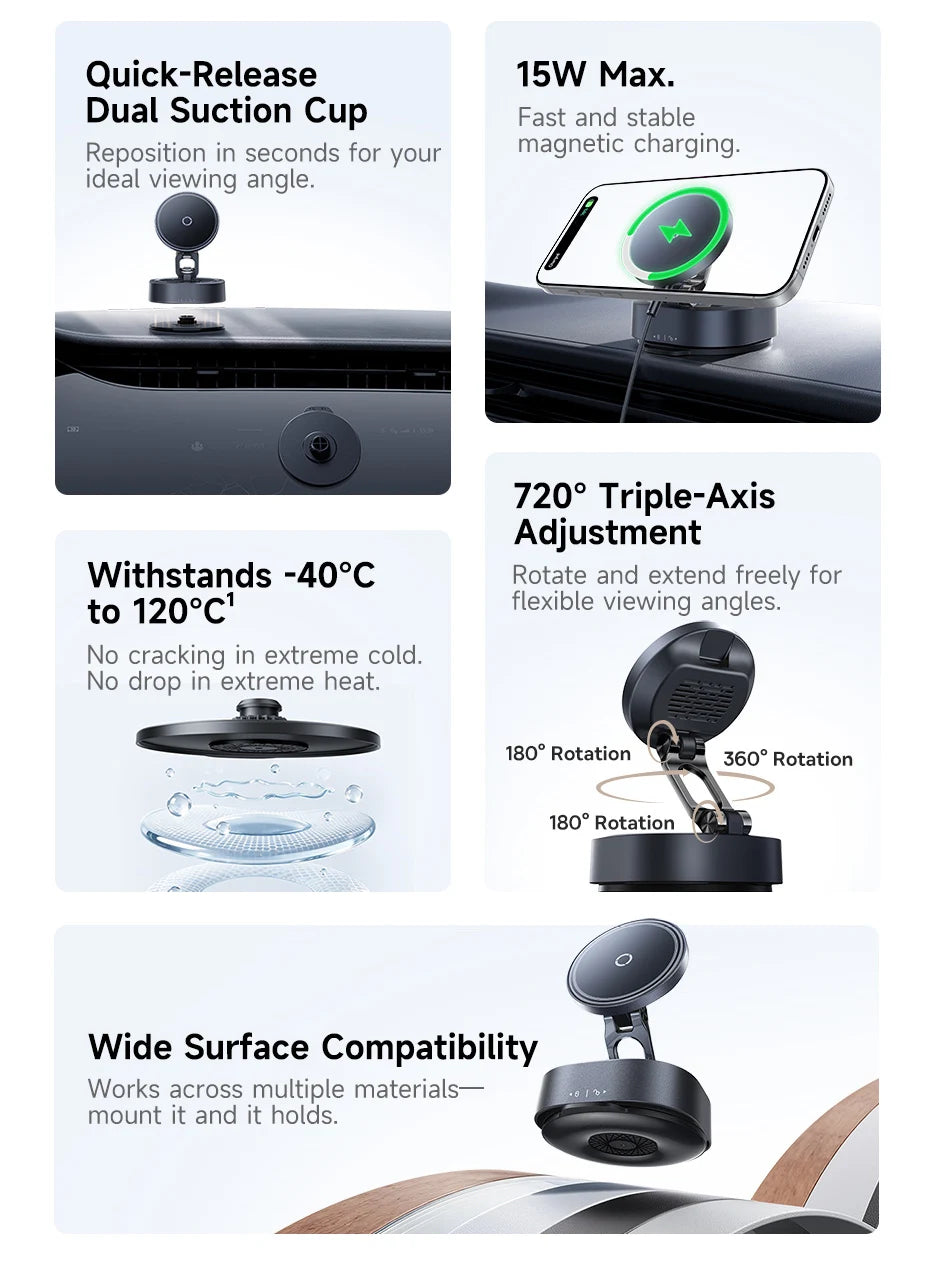 Magnetic Wireless Charging Car Mount with Vacuum Suction