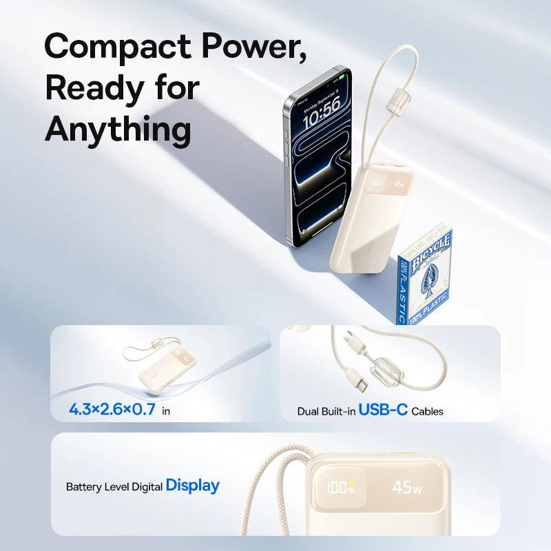 45W Fast Charging Power Bank with Dual Built-in USB-C Cables