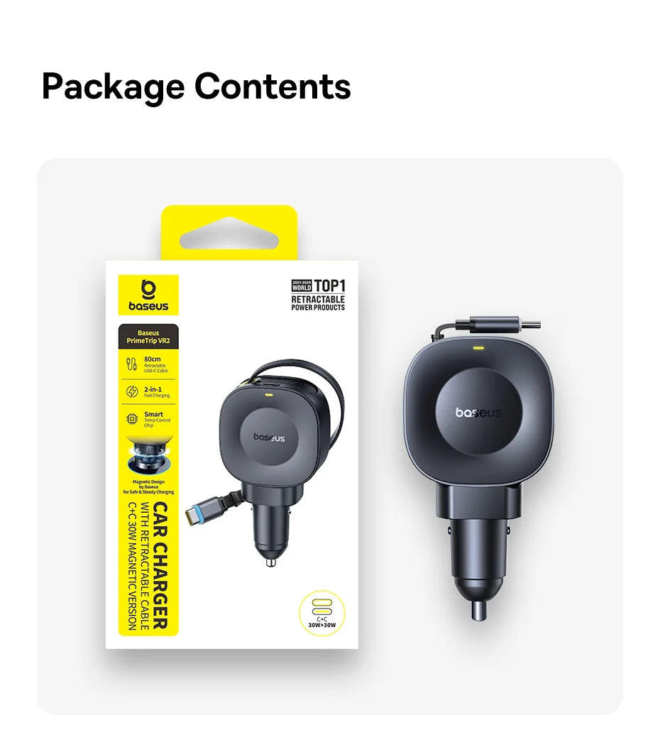 45W Dual USB-C Fast Car Charger with Retractable Cable