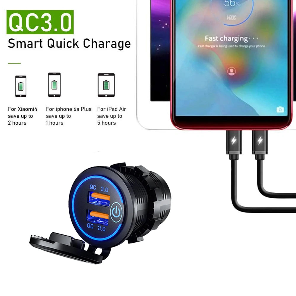 Dual QC 3.0 USB Fast Car Charger Socket 12V/24V Waterproof Outlet