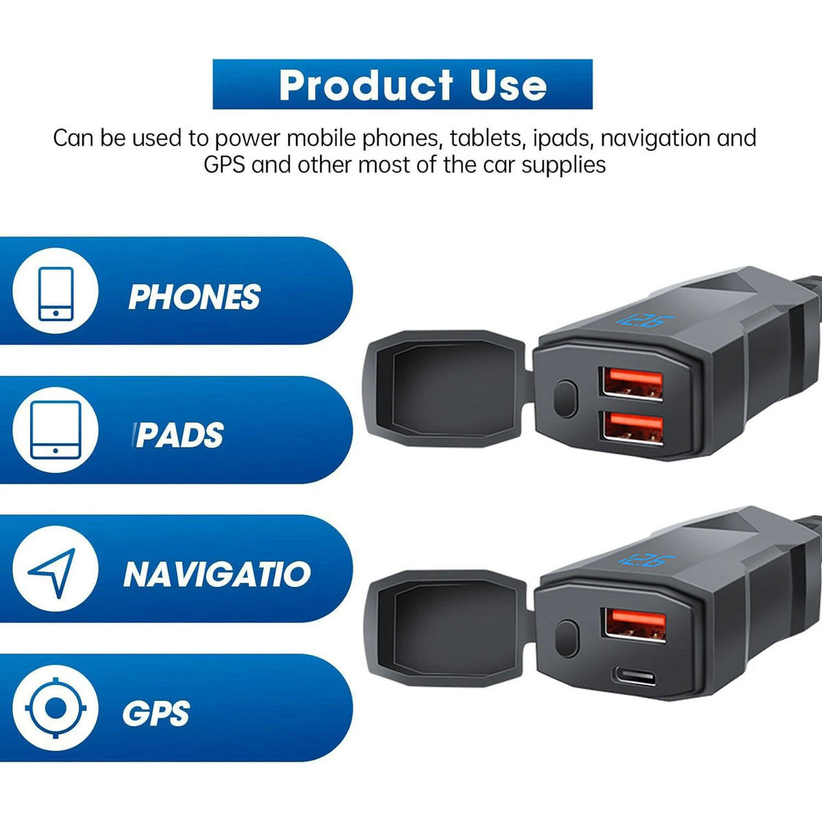 48W Dual USB-C & USB-A Motorcycle Phone Charger with Voltmeter
