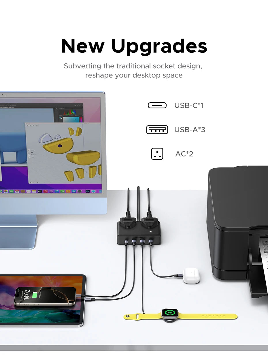 6-in-1 UK Plug Power Strip with 20W USB-C Fast Charging