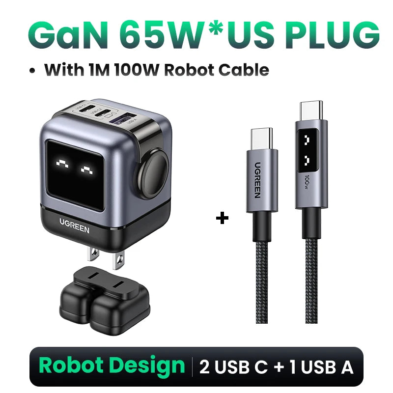 100W GaN Fast Wall Charger with Robot Display for Laptops and Phones