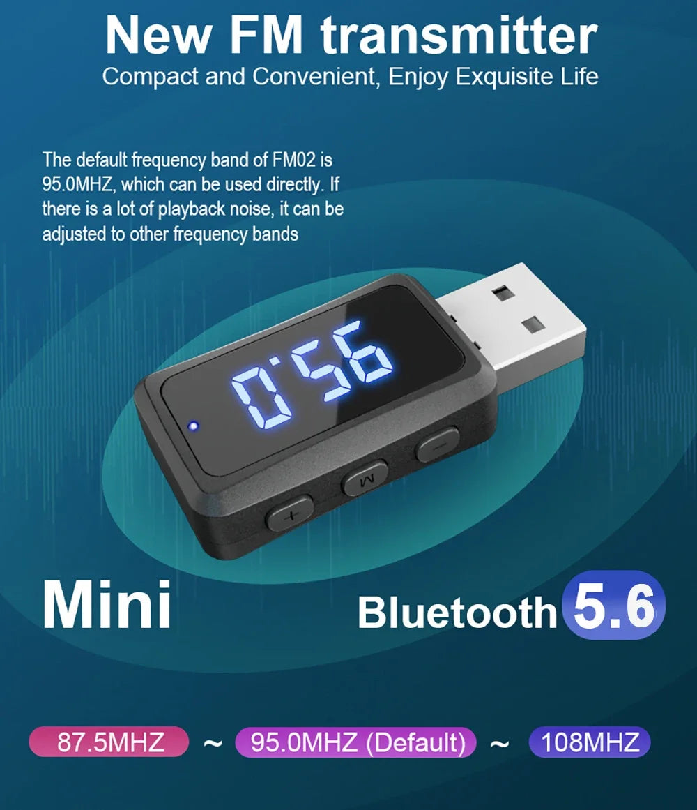 USB Bluetooth 5.6 FM Transmitter Receiver with LED Display for Car Radio