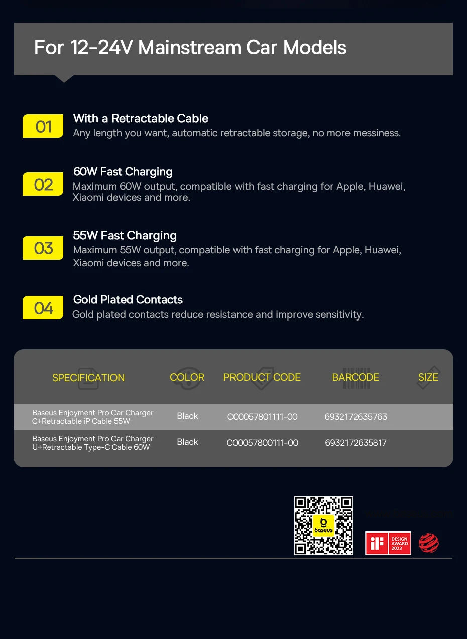 60W Fast Dual Port Car Charger with Retractable Cable