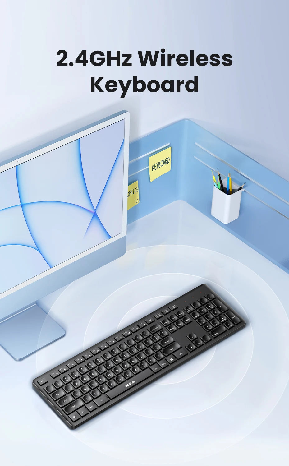 Wireless 2.4GHz Full-Size Computer Keyboard for Laptop and Desktop