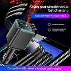 7-in-1 Fast Car Charger with Retractable Cables and Digital Voltmeter