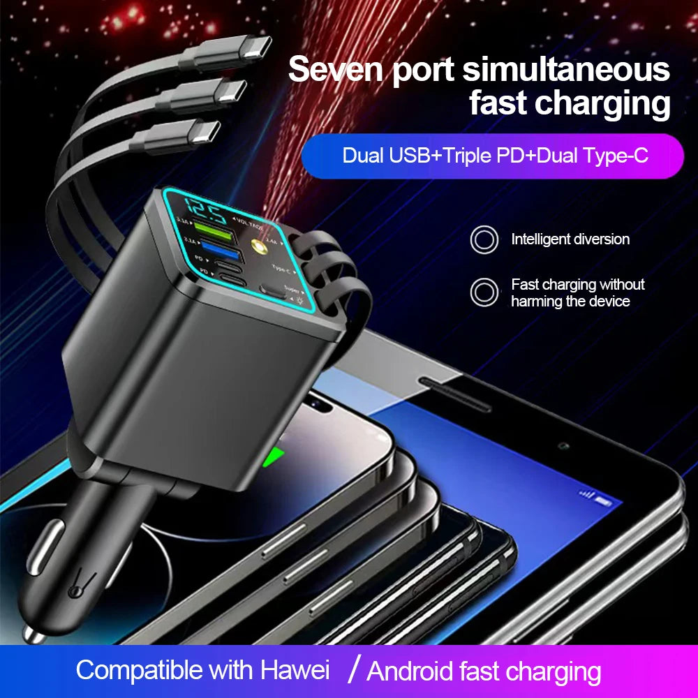 7-in-1 Fast Car Charger with Retractable Cables and Digital Voltmeter