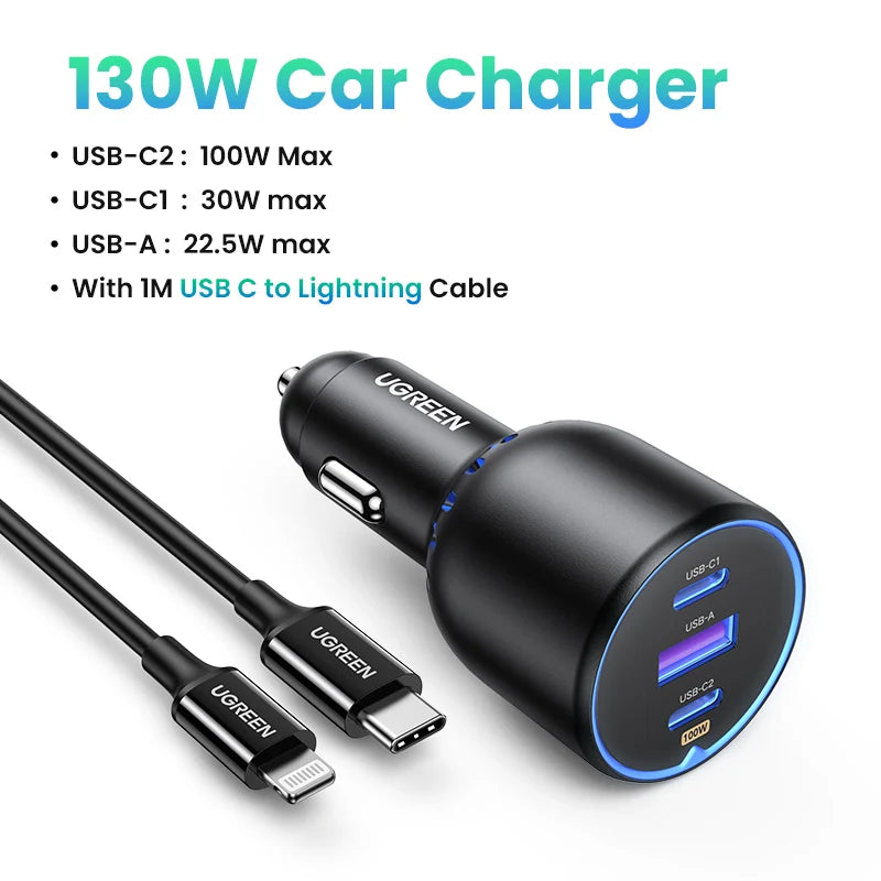 130W 3-Port Fast Car Charger for Laptops and Smartphones - 24
