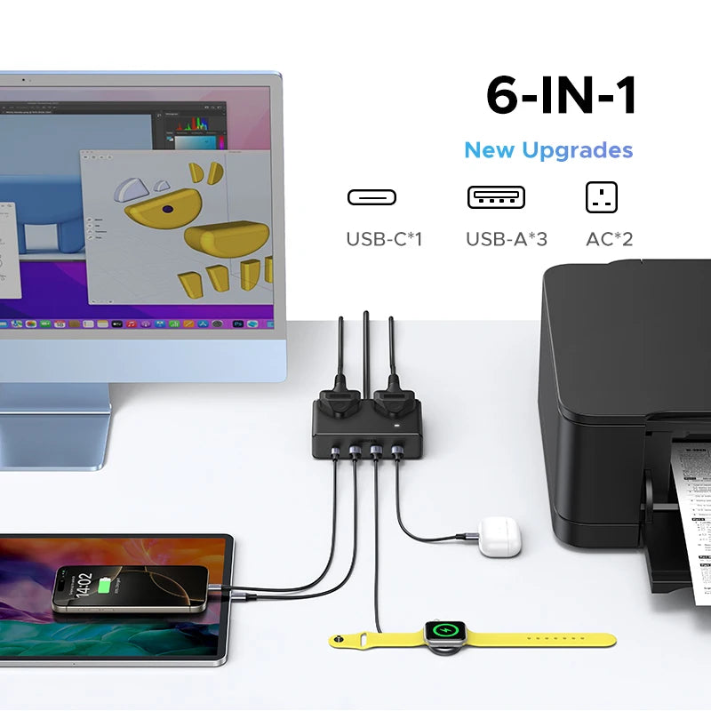 6-in-1 UK Plug Power Strip with 20W USB-C Fast Charging