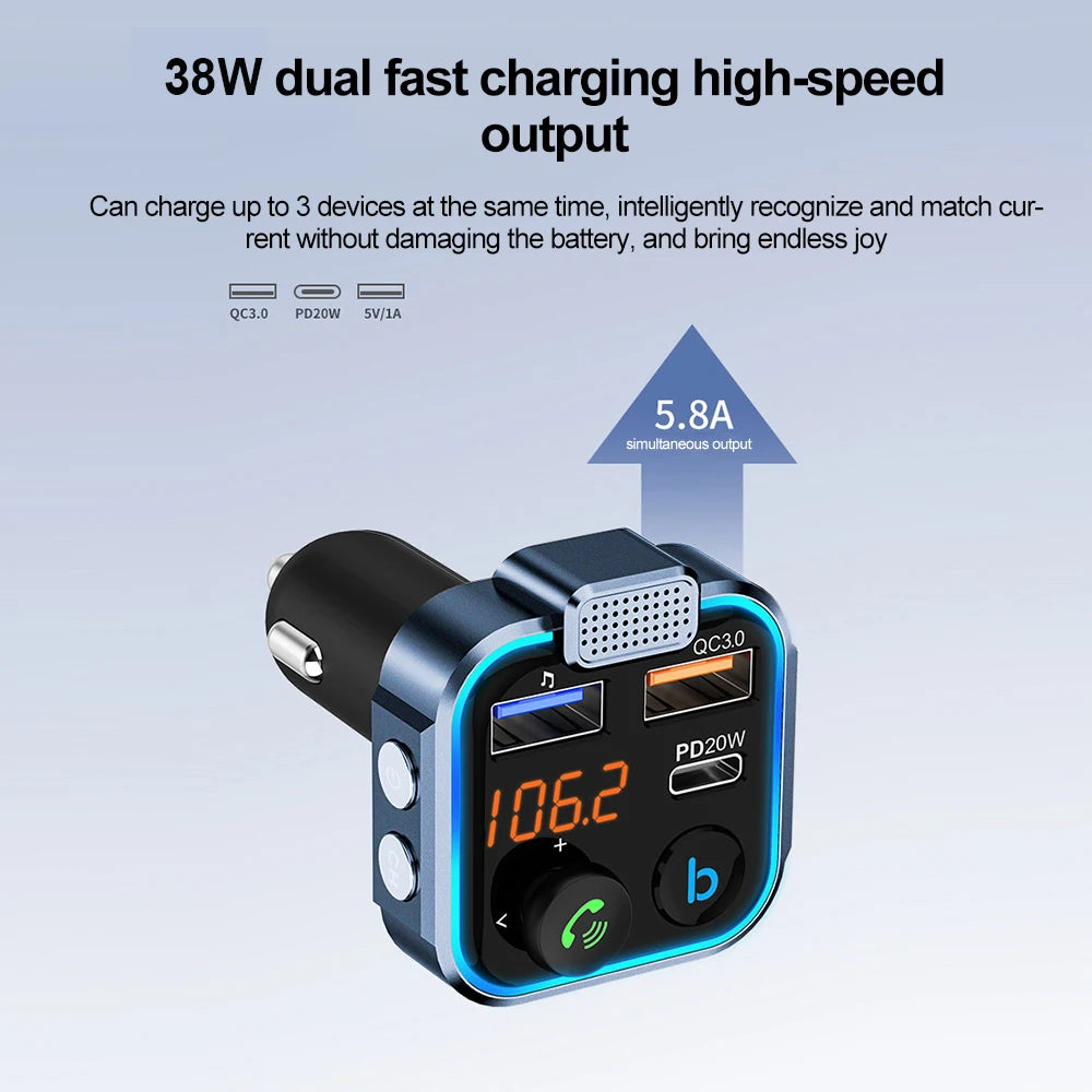 Bluetooth 5.0 FM Transmitter Car Adapter with 38W PD and QC3.0 Charger