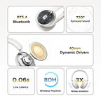 Wireless Bluetooth 5.4 Over-Ear Headphones with 80H Playtime