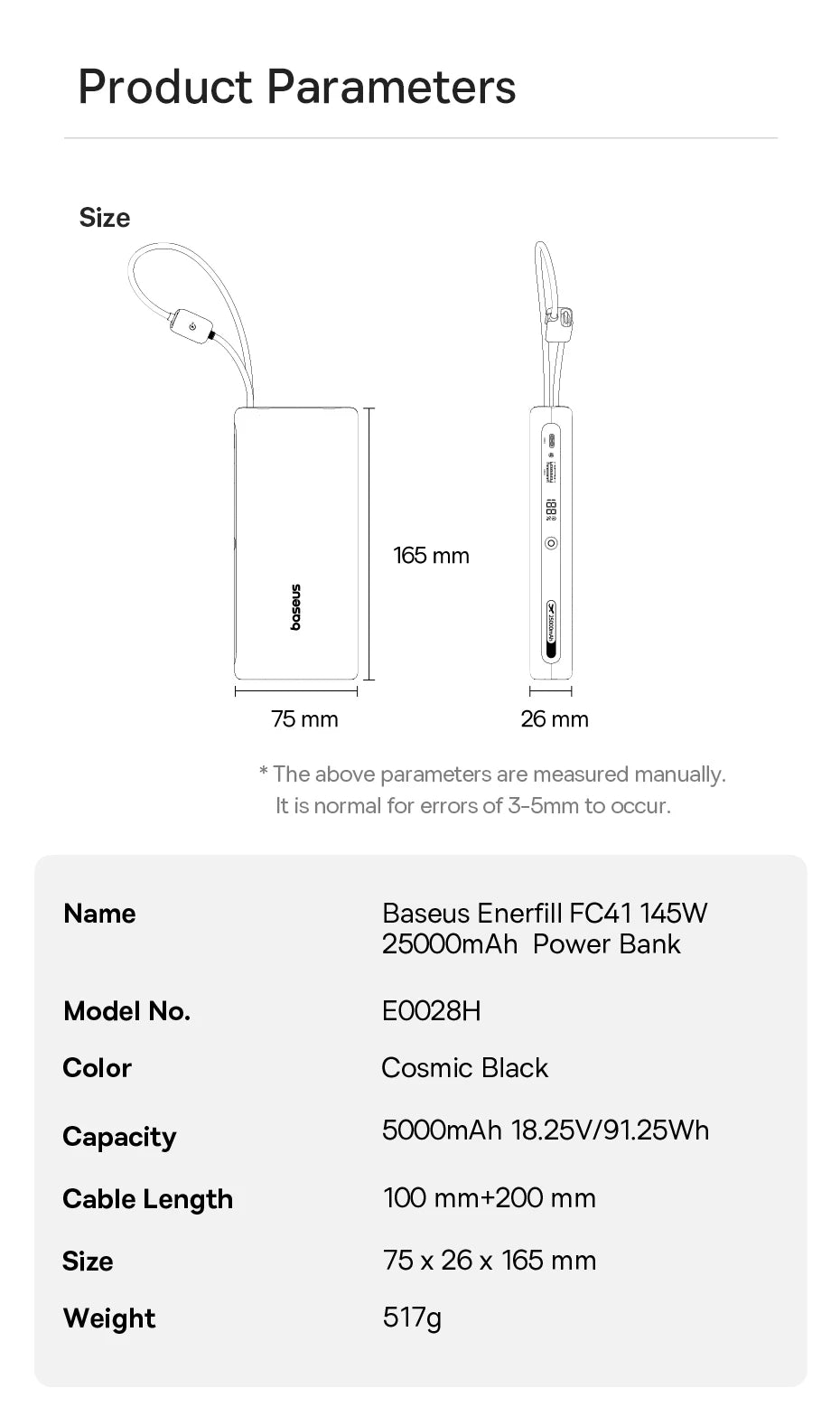 145W Fast Charging Power Bank with Built-In Cables 25000mAh
