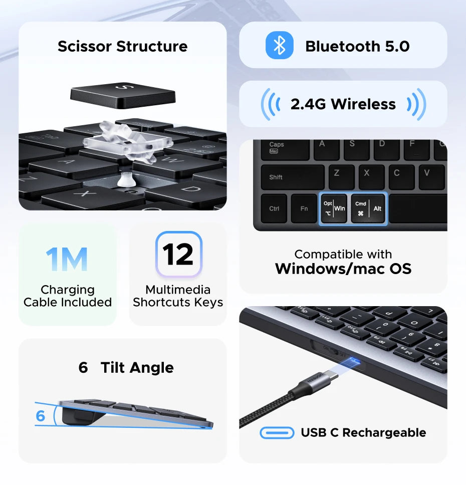 Dual-Mode Bluetooth 5.0 Wireless Keyboard for Laptop and Desktop