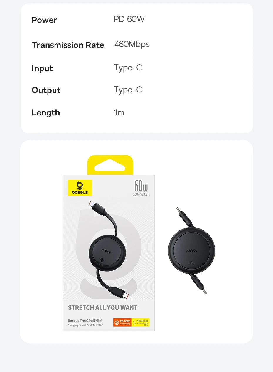 60W Retractable USB-C Fast Charging Cable