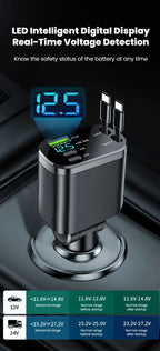 148W 7 in 1 Retractable Car Charger with Voltage Display and Starry Lamp