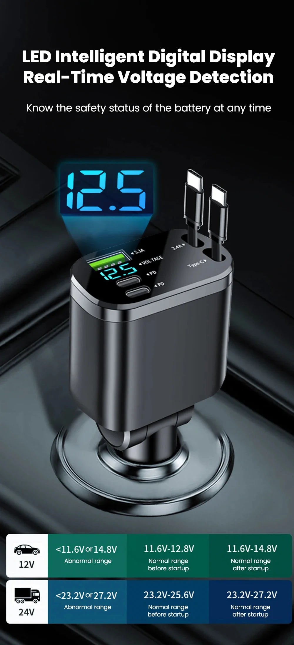 148W 7 in 1 Retractable Car Charger with Voltage Display and Starry Lamp