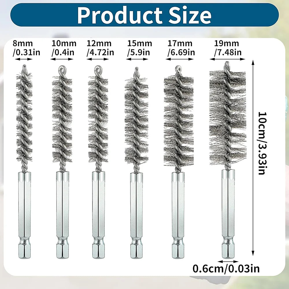 Stainless Steel Bore Cleaning Brush Set with 1/4" Hex Shank - 3