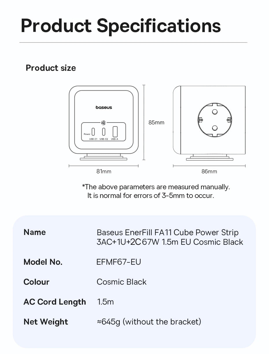 67W GaN Fast Charger Power Strip with 3 AC Outlets and USB Ports