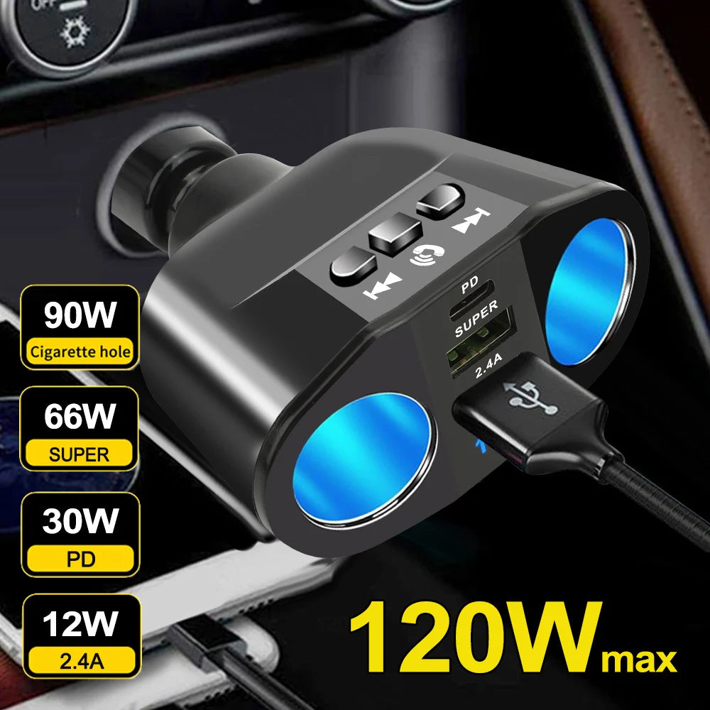 Car Cigarette Lighter Splitter PD USB Charger Bluetooth 5.0 FM Adapter