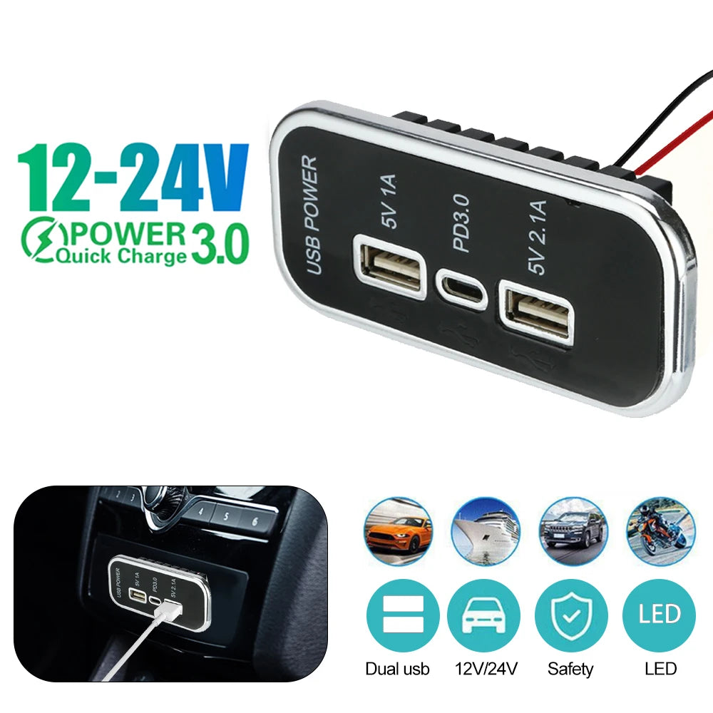 Dual USB & USB-C PD 3.0 Surface Mount Fast Car Charger Socket