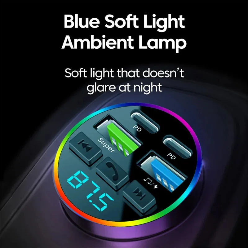 Bluetooth 5.0 FM Transmitter 66W 4 Port Car Charger Handsfree Adapter