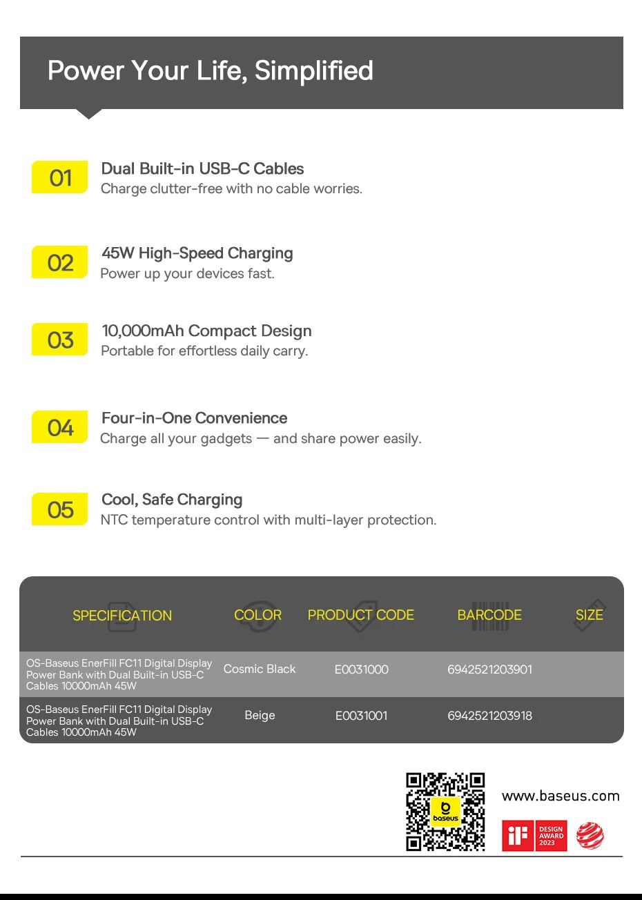 45W Fast Charging Power Bank with Dual Built-in USB-C Cables - 26