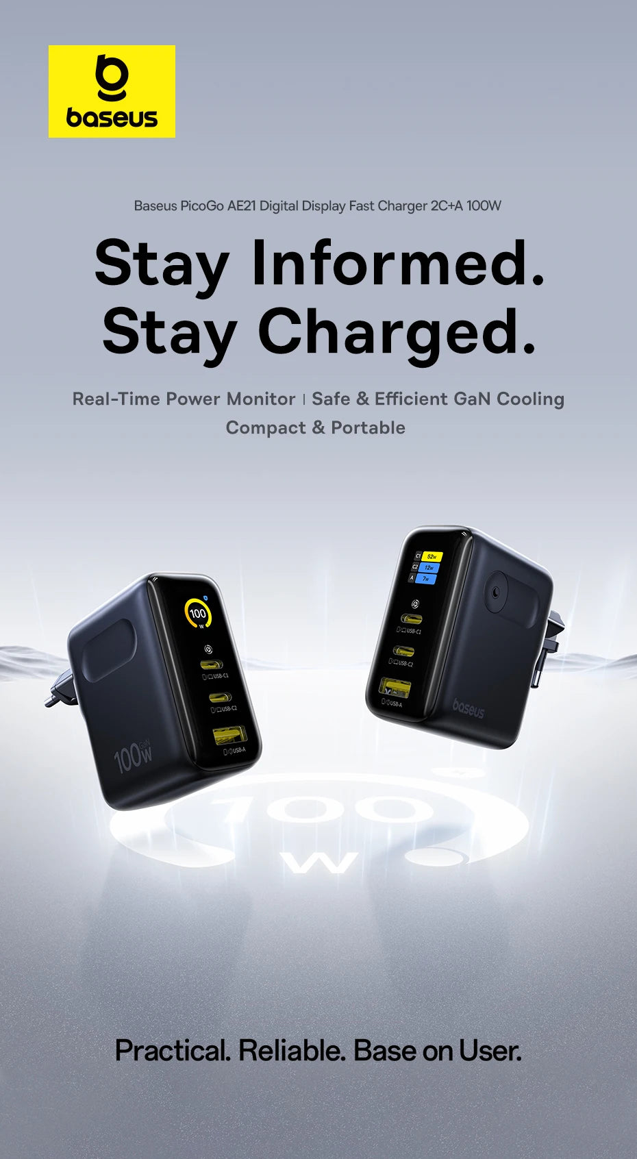 100W GaN Fast Charger with Digital Power Display and Foldable Plug