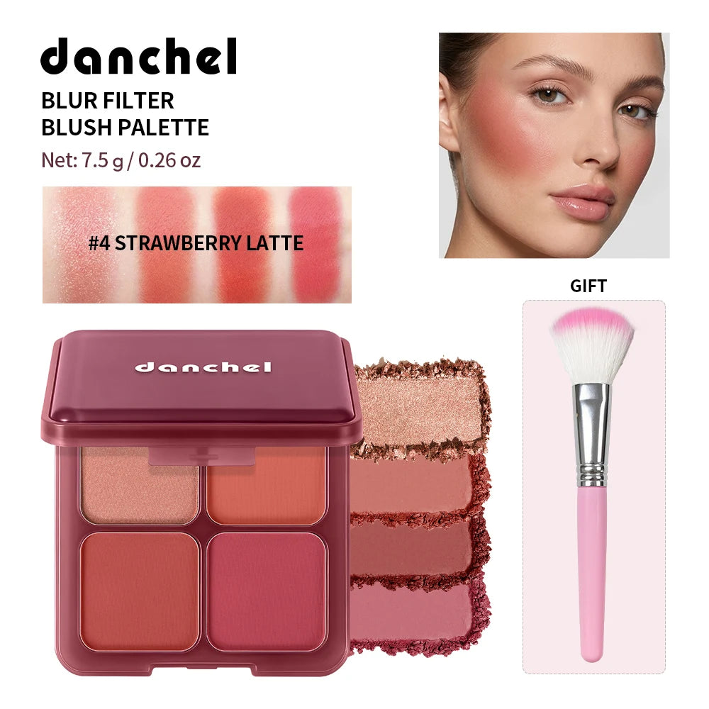 4-Color Matte Blush Palette with Makeup Brush