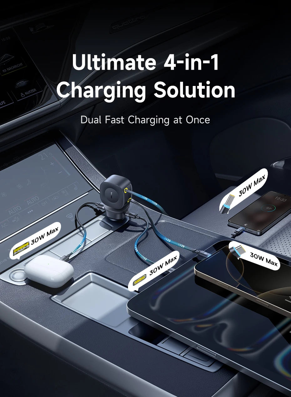 4-Port Fast Car Charger with Retractable Cables