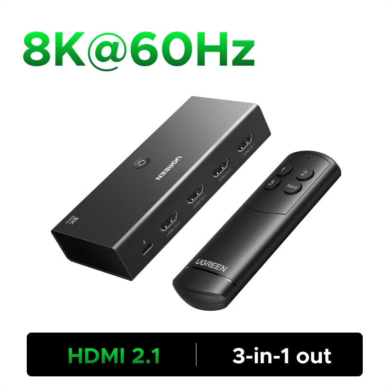 8K 60Hz HDMI 2.1 Switcher 3-in-1 Out with Remote Control