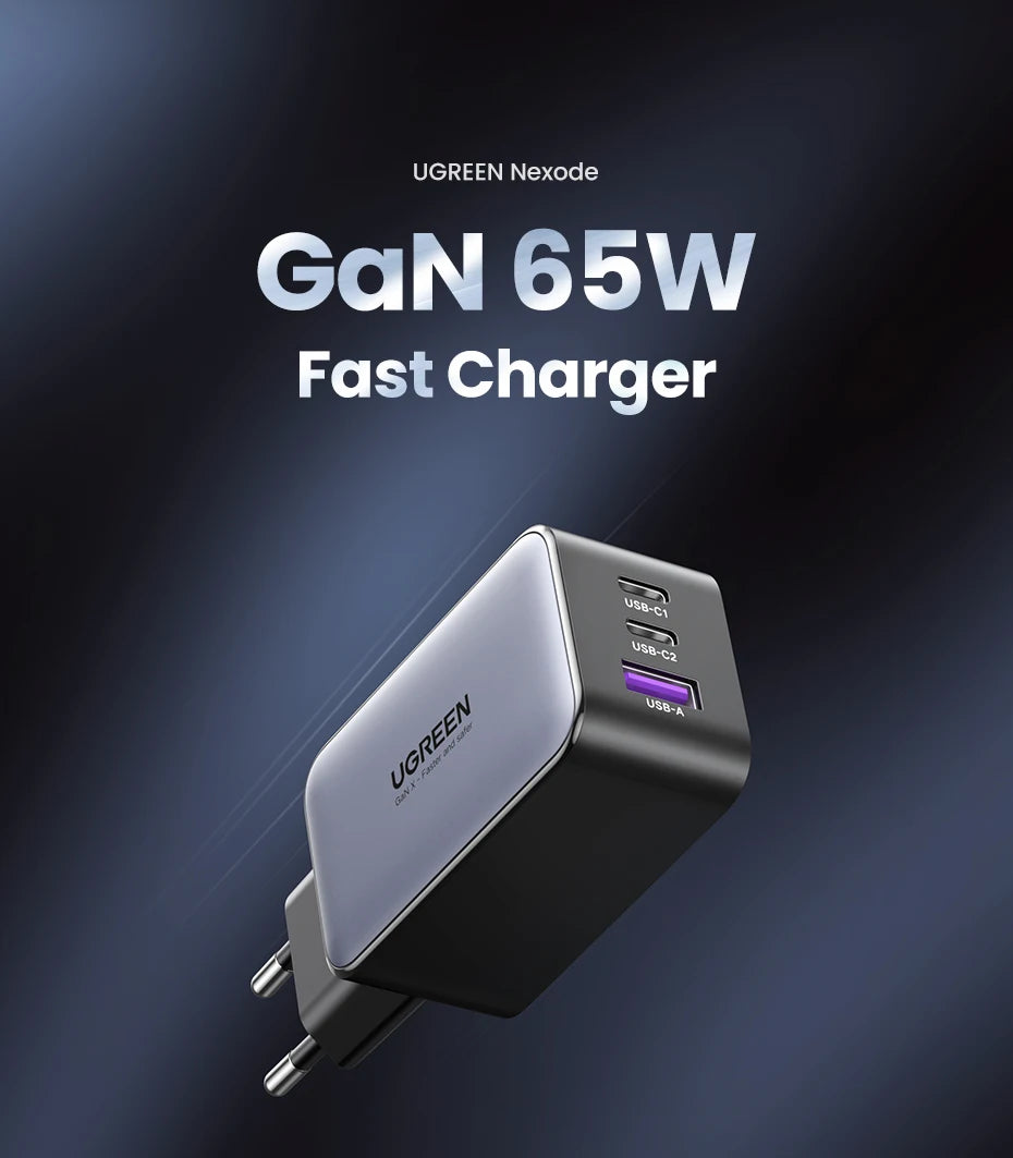 65W GaN Fast Wall Charger with 3 Ports for Laptops and Phones