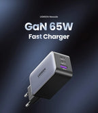 65W GaN Fast Wall Charger with 3 Ports for Laptops and Phones