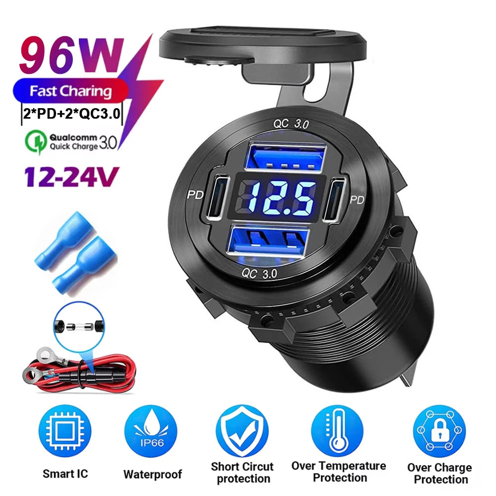83W 4 Port USB and USB-C Fast Car Charger Socket for 12V 24V Vehicles