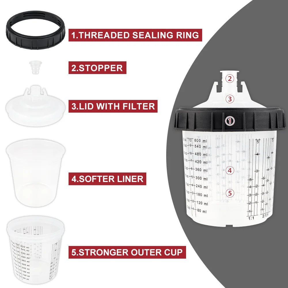 600ml Disposable Paint Sprayer Mixing Cup and Lid System - 3