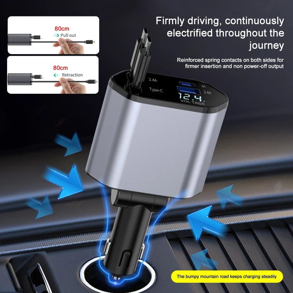 120W 4-in-1 Retractable Fast Car Charger with Voltage Display - 5