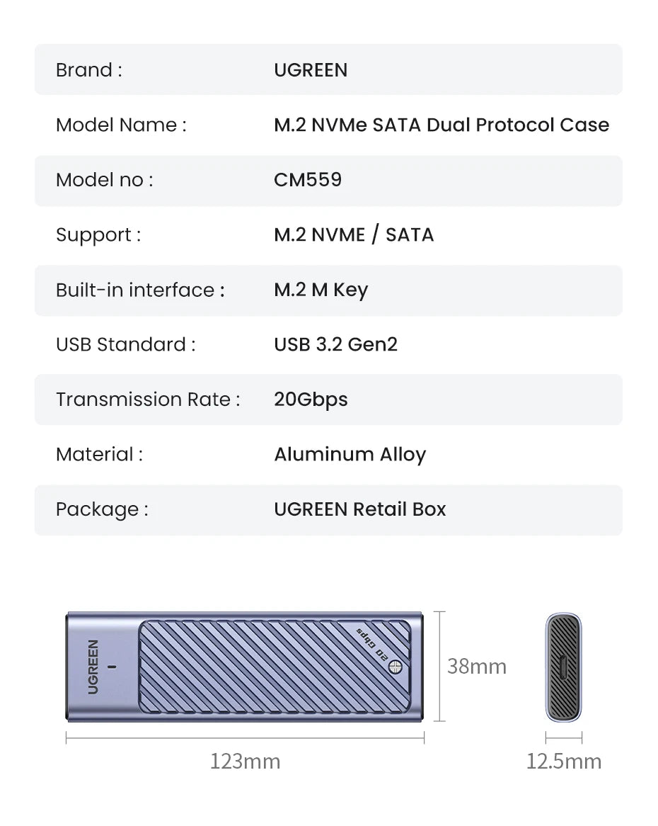 20Gbps M.2 NVMe and SATA SSD Dual Protocol External Enclosure - 22