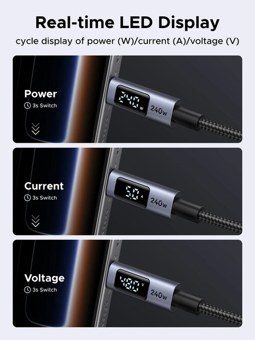 240W USB-C Fast Charging Cable with LED Real-Time Power Display