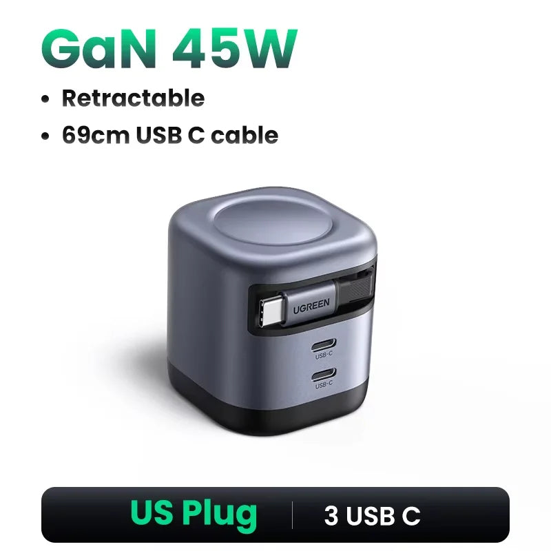 45W GaN Fast Wall Charger with Retractable USB-C Cable - 27