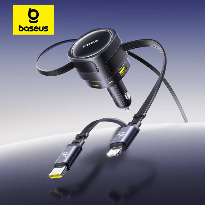 90W Fast Car Charger with Dual Retractable Cables
