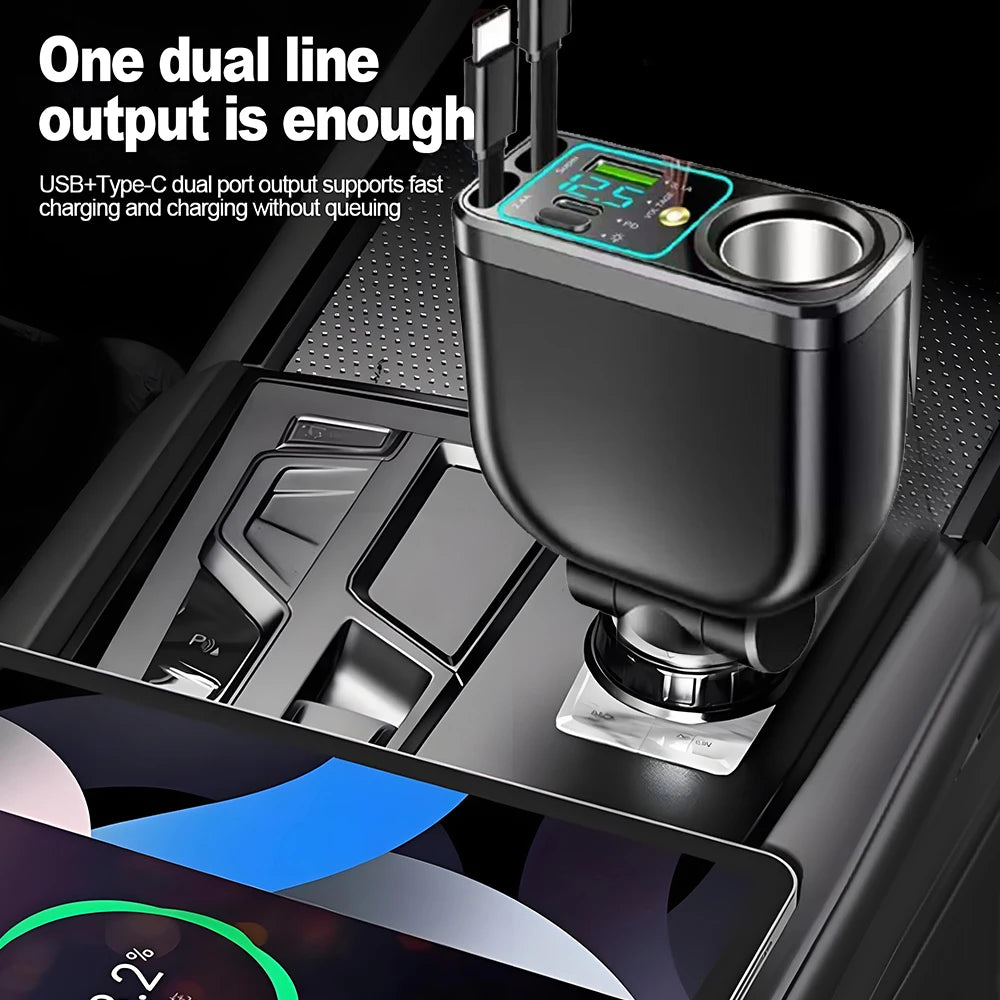 120W 5 in 1 Retractable Car Charger with Voltmeter and Starry Light