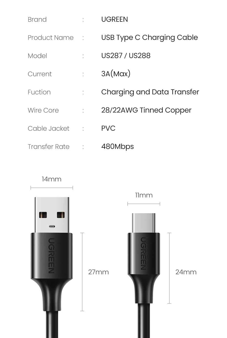 USB-A to USB-C 3A Fast Charging and Data Sync Cable - 18