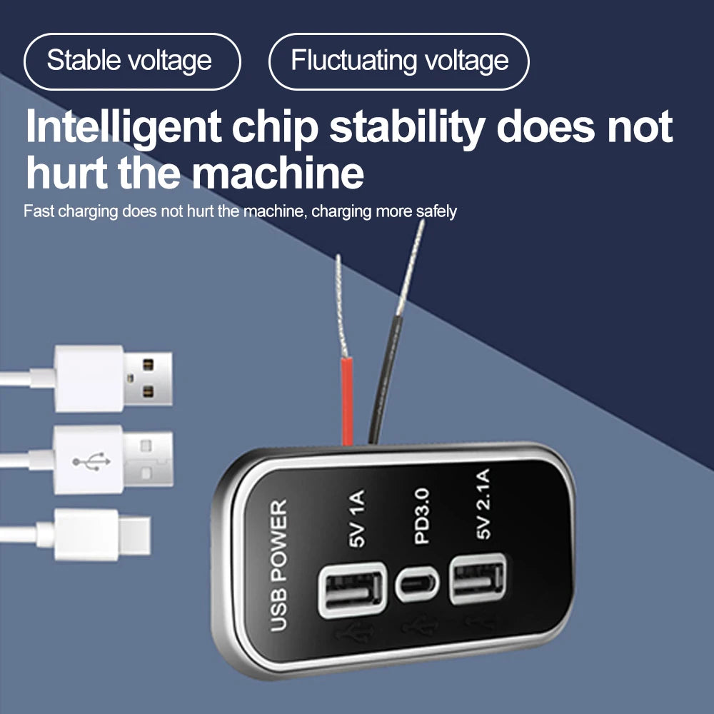 Dual USB & USB-C PD 3.0 Surface Mount Fast Car Charger Socket