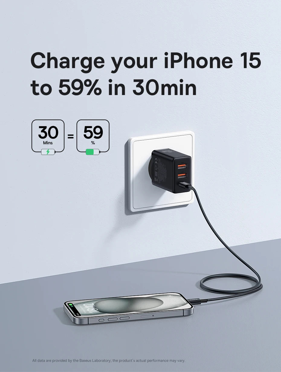 30W Fast USB Wall Charger with Type-C and Dual USB Ports