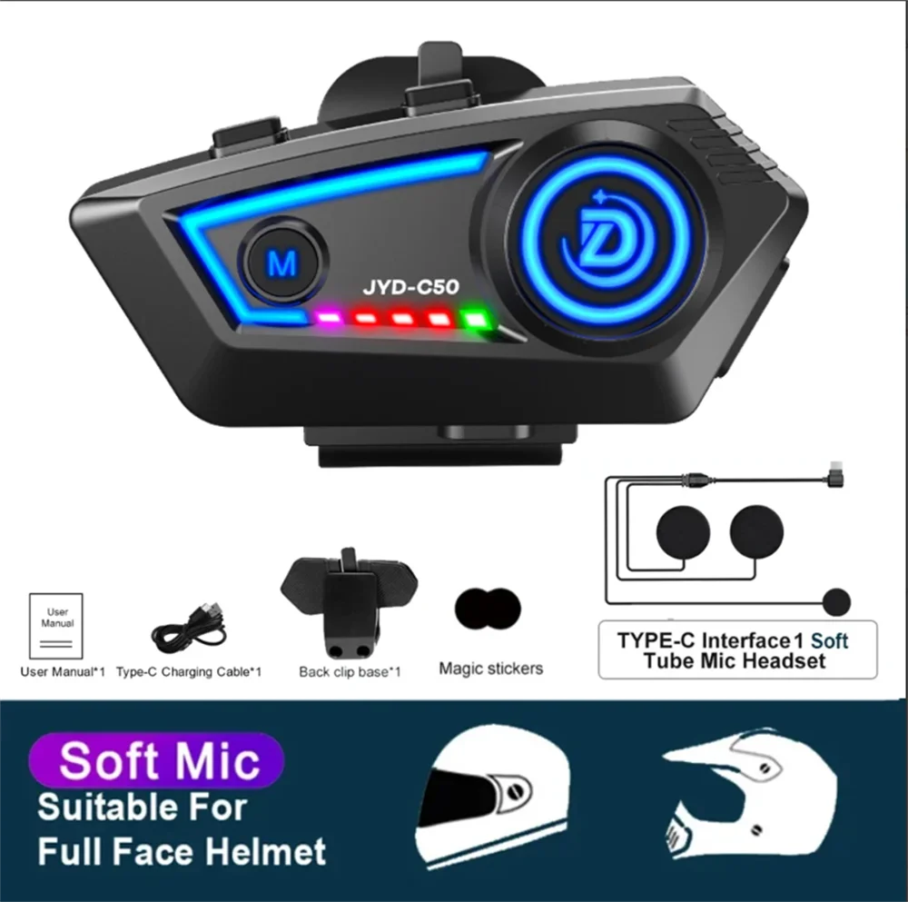 Motorcycle Helmet Bluetooth 5.4 Headset with RGB Lights IPX67 Waterproof