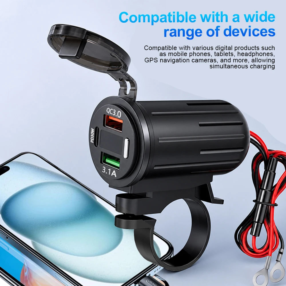 83W Motorcycle Handlebar USB Fast Charger with Voltmeter